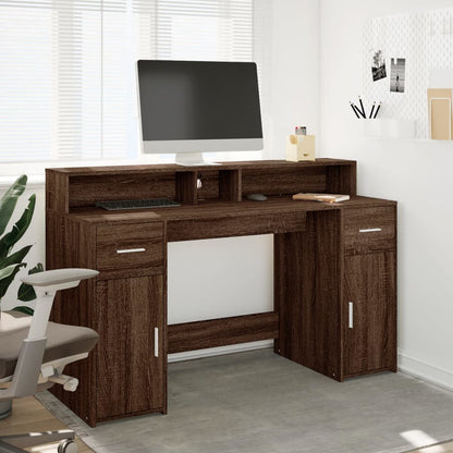 Brown Oak Desk with LED Lights - 140x55x91 cm Engineered Wood