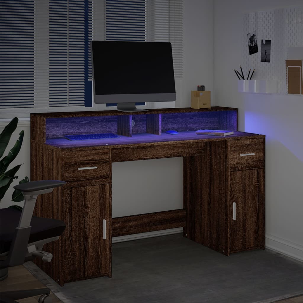 Brown Oak Desk with LED Lights - 140x55x91 cm Engineered Wood