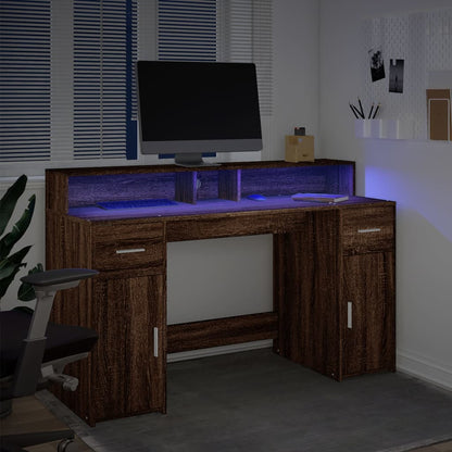 Brown Oak Desk with LED Lights - 140x55x91 cm Engineered Wood