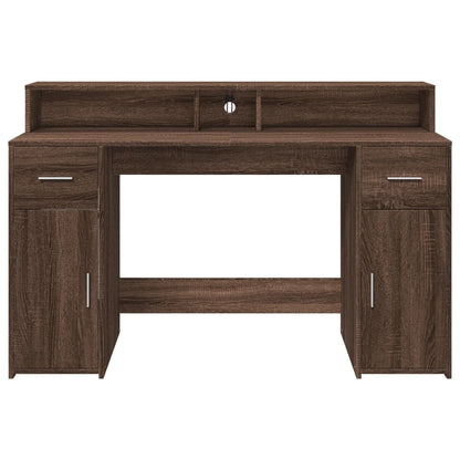 Brown Oak Desk with LED Lights - 140x55x91 cm Engineered Wood