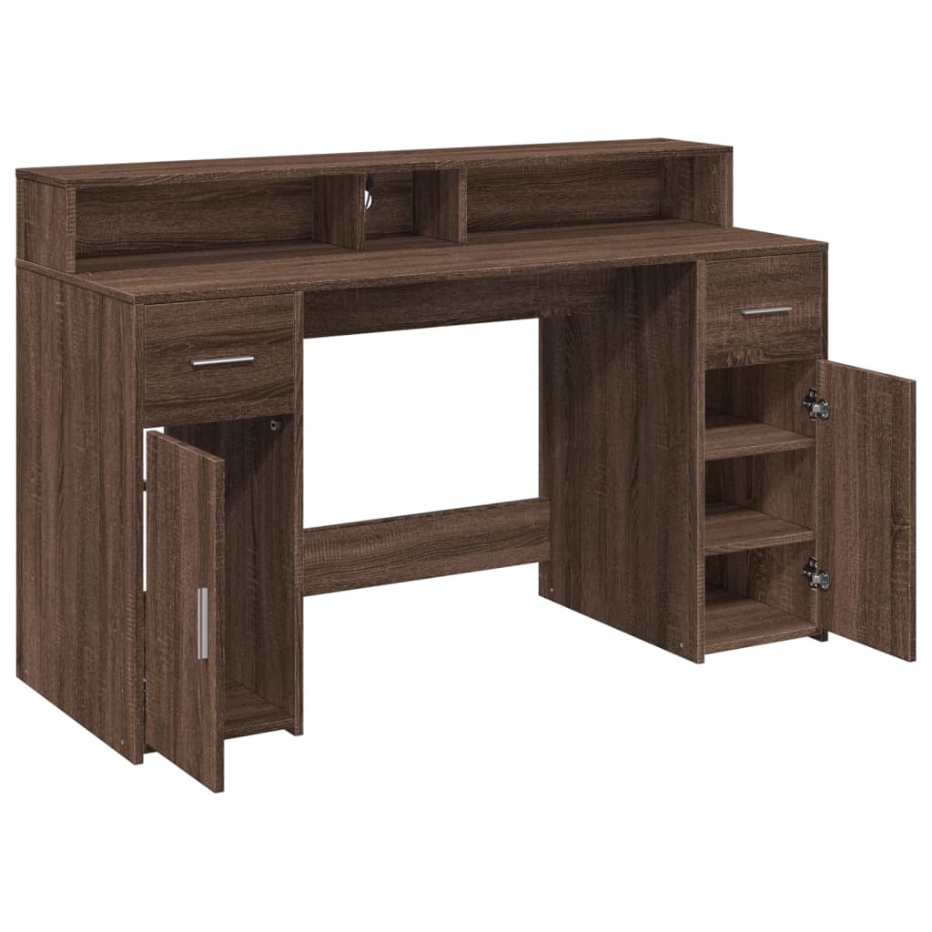 Brown Oak Desk with LED Lights - 140x55x91 cm Engineered Wood
