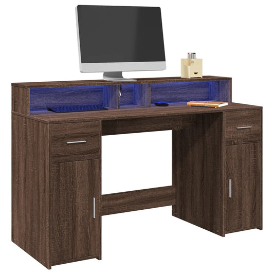 Brown Oak Desk with LED Lights - 140x55x91 cm Engineered Wood
