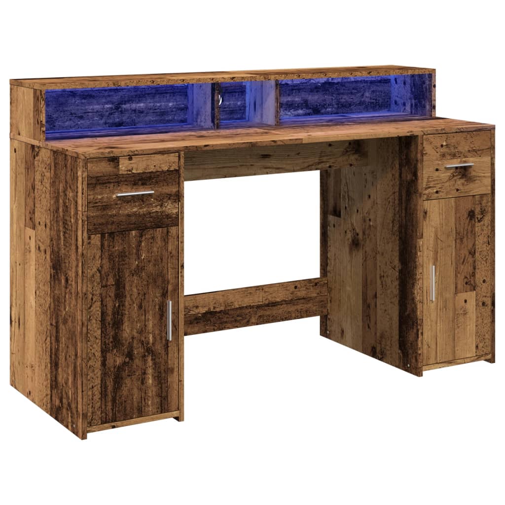 LED-Lit Desk in Rustic Wood Finish, 140x55x91 cm, Engineered Wood