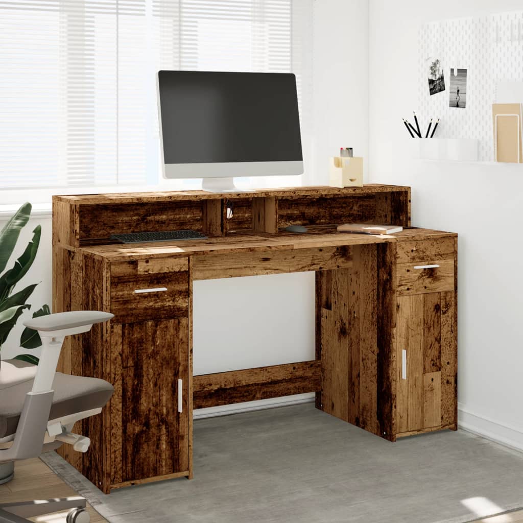 LED-Lit Desk in Rustic Wood Finish, 140x55x91 cm, Engineered Wood