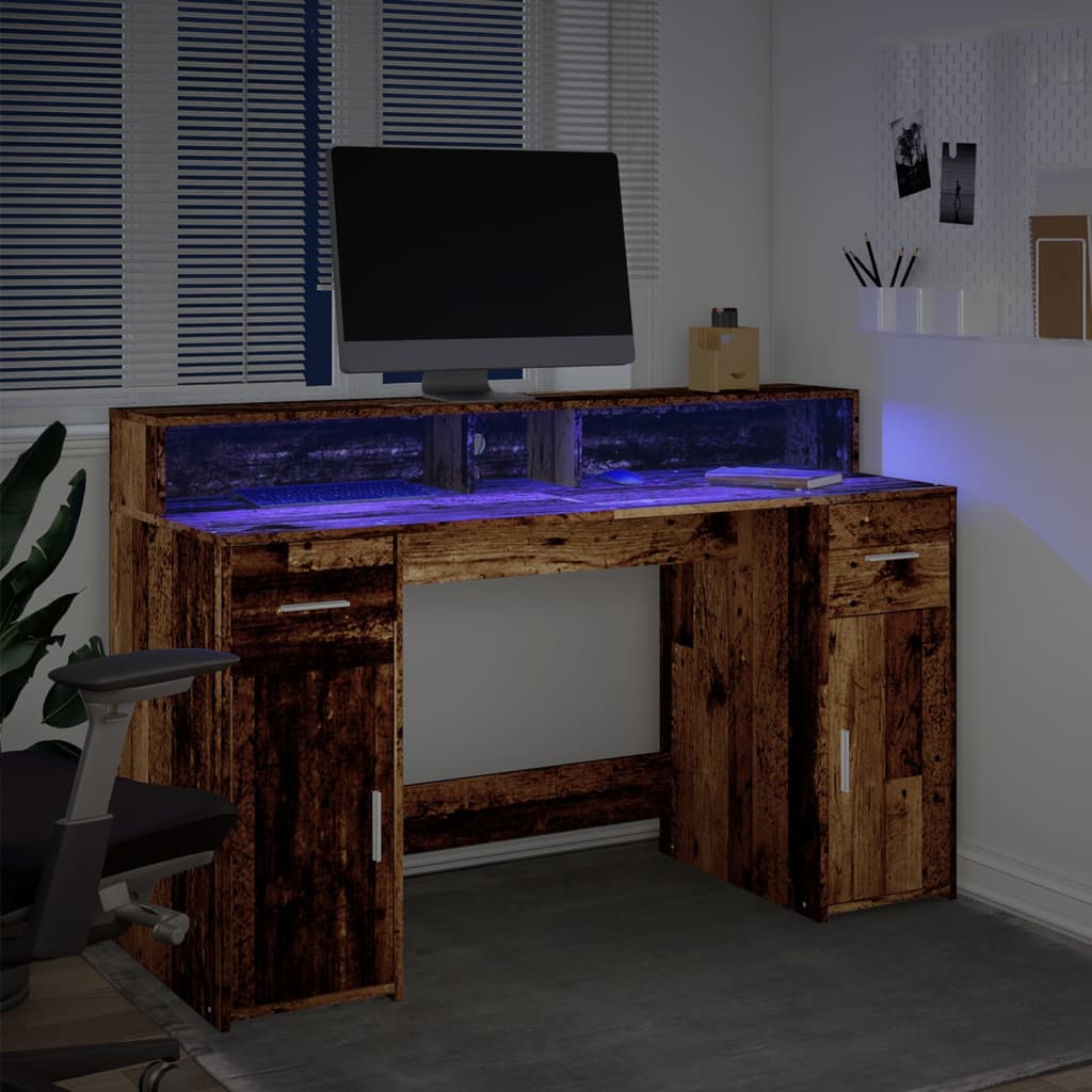 LED-Lit Desk in Rustic Wood Finish, 140x55x91 cm, Engineered Wood