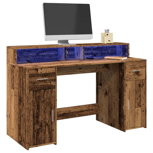 LED-Lit Desk in Rustic Wood Finish, 140x55x91 cm, Engineered Wood