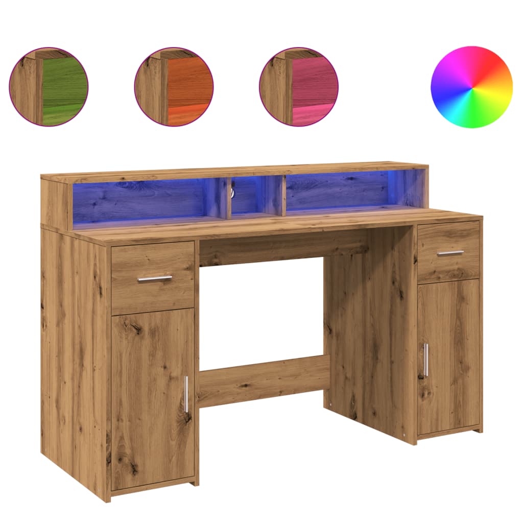Artisan Oak Desk with LED Lights, 140x55x91 cm, Engineered Wood