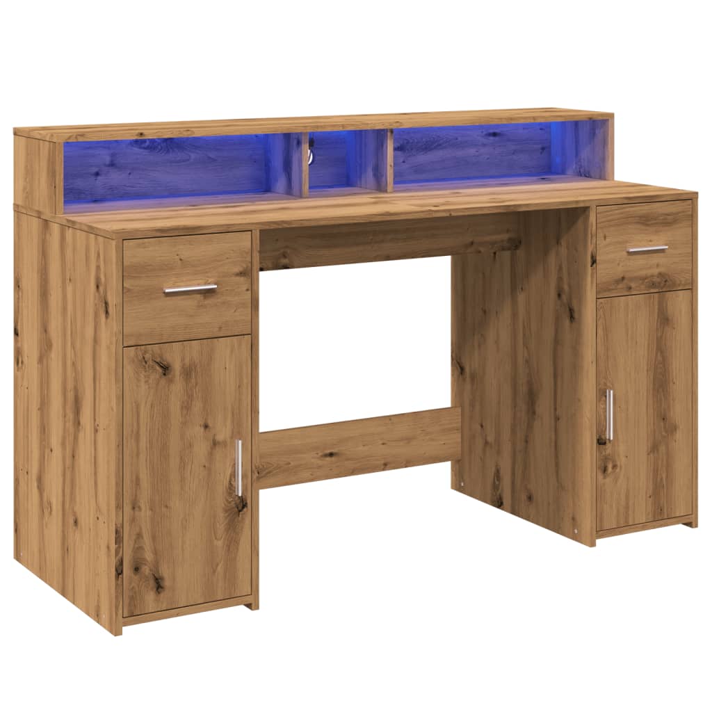 Artisan Oak Desk with LED Lights, 140x55x91 cm, Engineered Wood