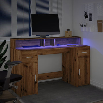 Artisan Oak Desk with LED Lights, 140x55x91 cm, Engineered Wood