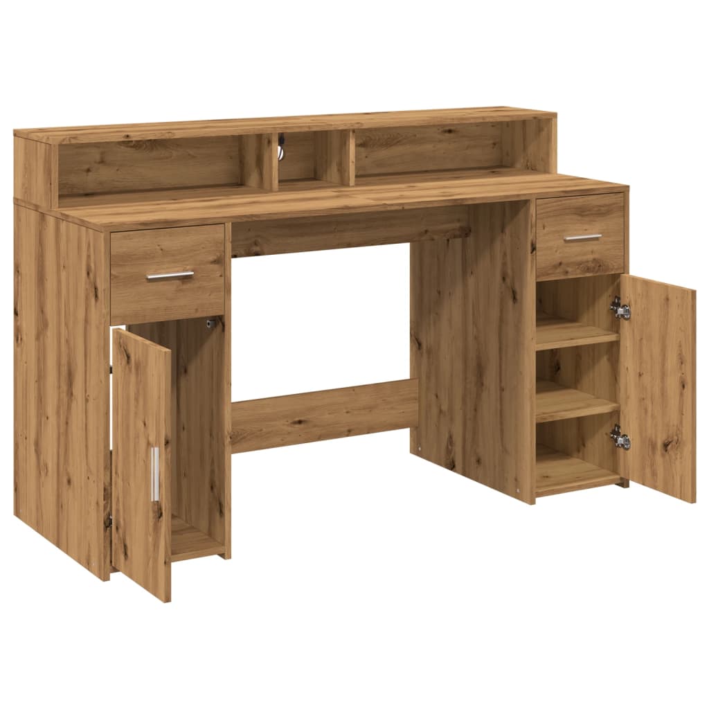 Artisan Oak Desk with LED Lights, 140x55x91 cm, Engineered Wood
