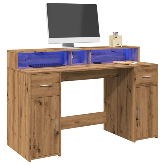 Artisan Oak Desk with LED Lights, 140x55x91 cm, Engineered Wood