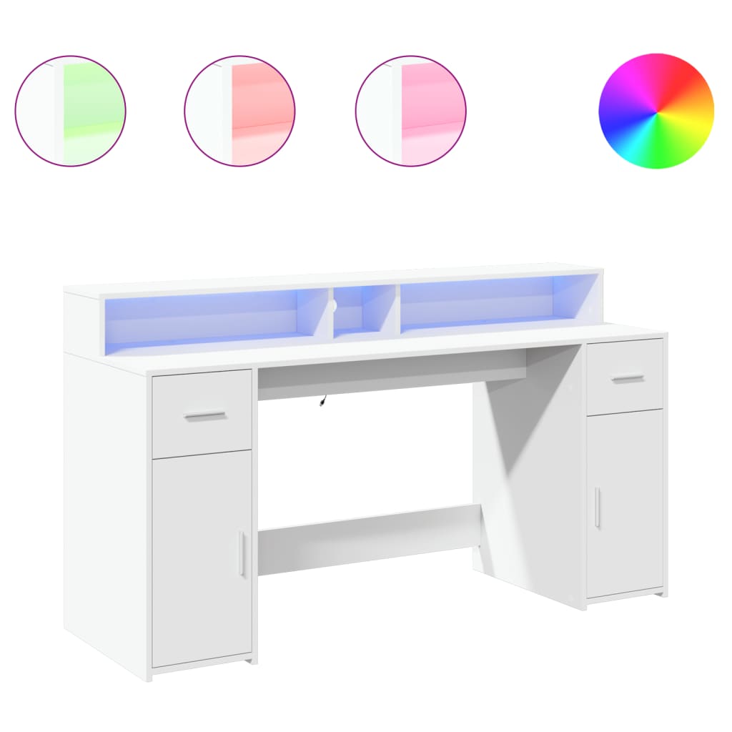 White Engineered Wood Desk with LED Lights - 160x55x91 cm