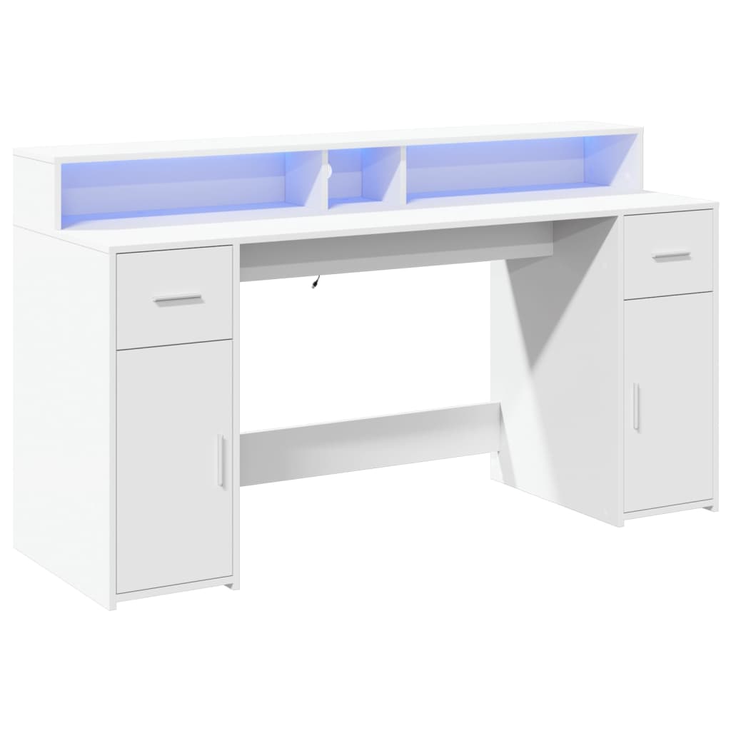 White Engineered Wood Desk with LED Lights - 160x55x91 cm