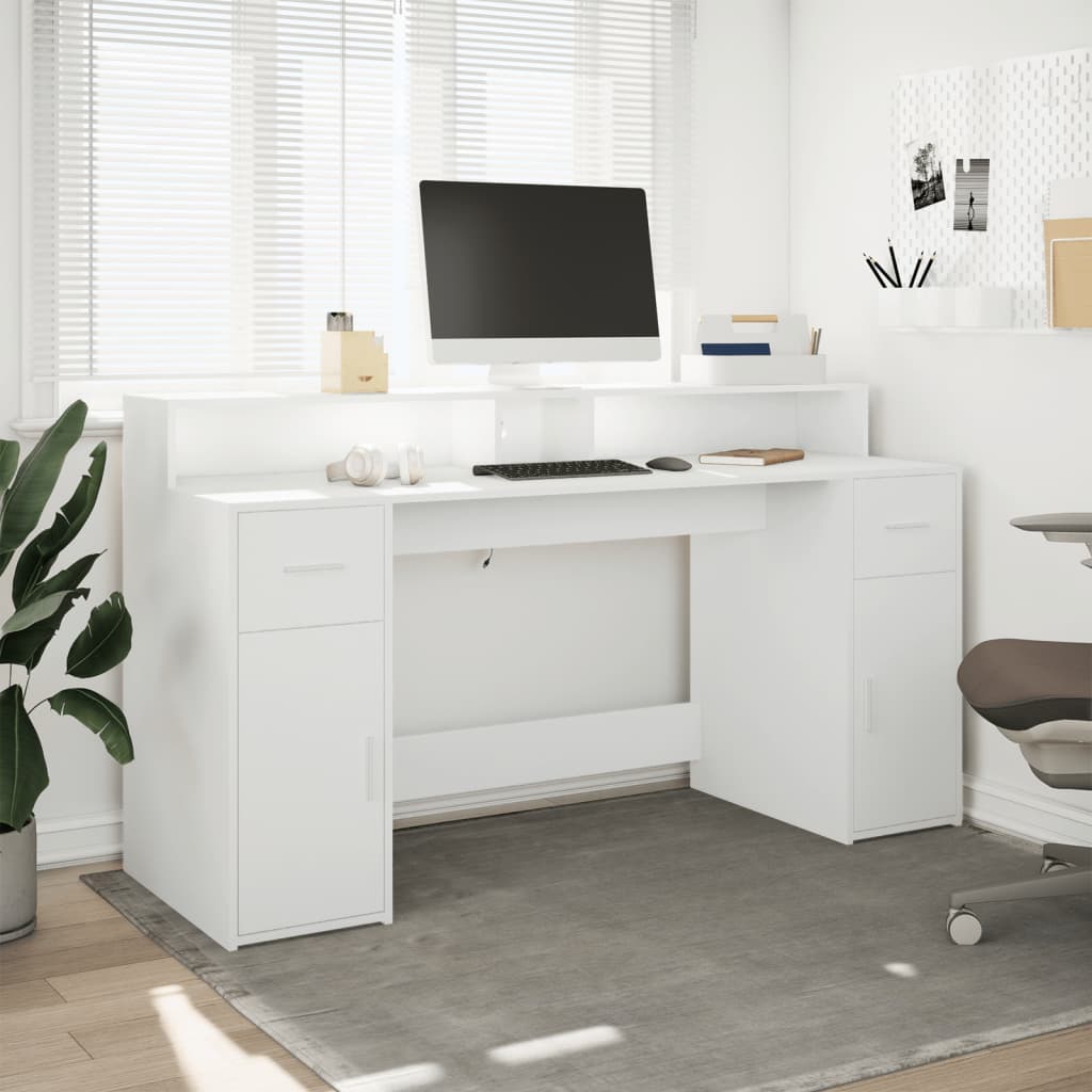 White Engineered Wood Desk with LED Lights - 160x55x91 cm