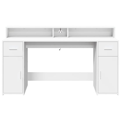 White Engineered Wood Desk with LED Lights - 160x55x91 cm