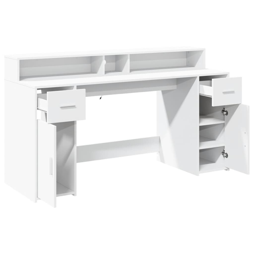 White Engineered Wood Desk with LED Lights - 160x55x91 cm