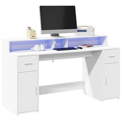 White Engineered Wood Desk with LED Lights - 160x55x91 cm