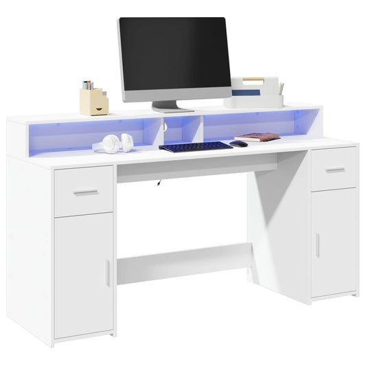 White Engineered Wood Desk with LED Lights - 160x55x91 cm