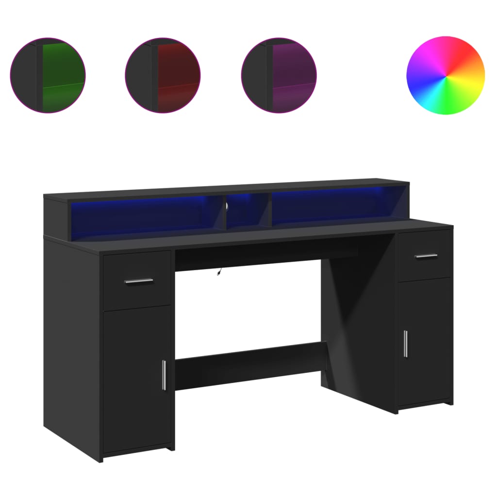 Black Engineered Wood Desk with LED Lights, 160x55x91 cm