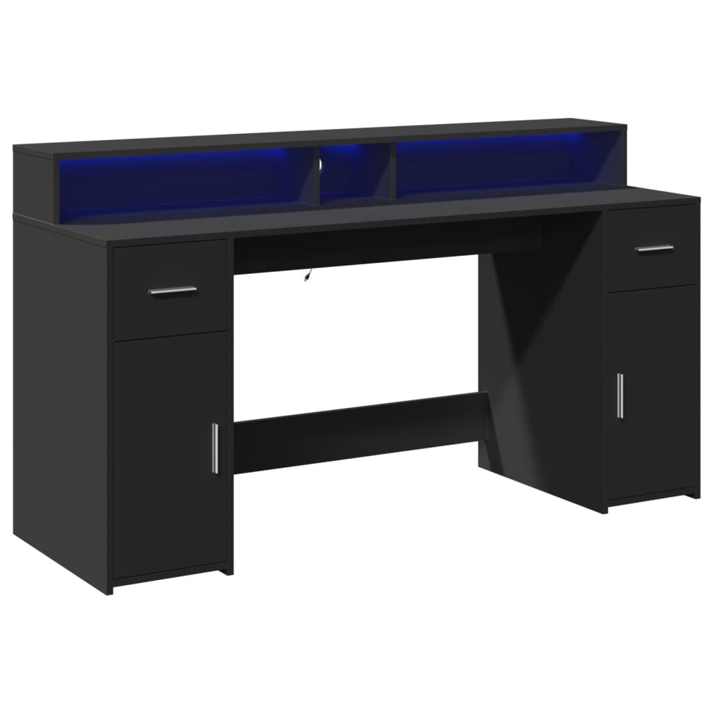 Black Engineered Wood Desk with LED Lights, 160x55x91 cm