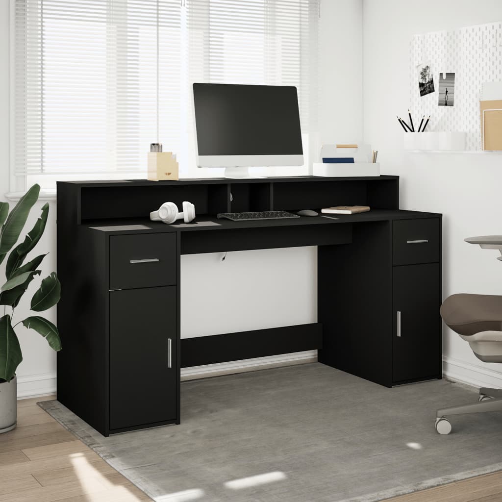 Black Engineered Wood Desk with LED Lights, 160x55x91 cm