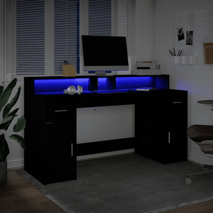 Black Engineered Wood Desk with LED Lights, 160x55x91 cm