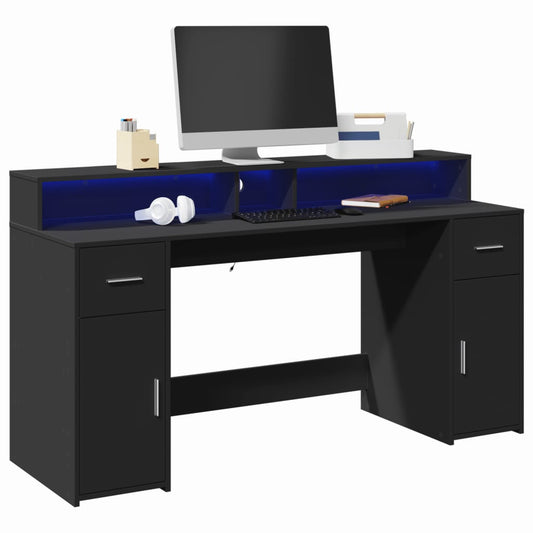 Black Engineered Wood Desk with LED Lights, 160x55x91 cm