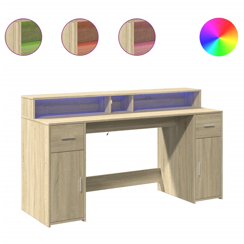 Sonoma Oak Desk 160x55x91 cm with LED Lights, Engineered Wood