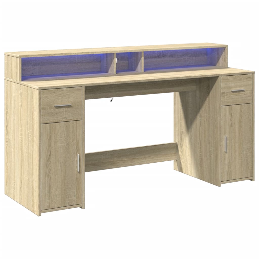 Sonoma Oak Desk 160x55x91 cm with LED Lights, Engineered Wood