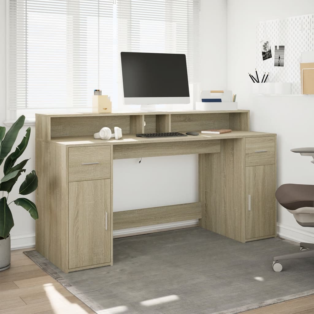 Sonoma Oak Desk 160x55x91 cm with LED Lights, Engineered Wood