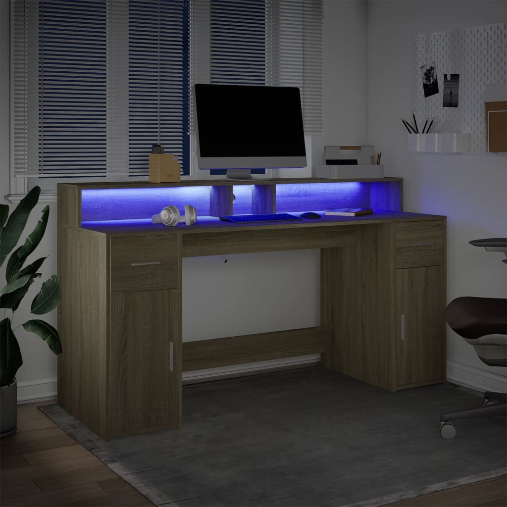 Sonoma Oak Desk 160x55x91 cm with LED Lights, Engineered Wood