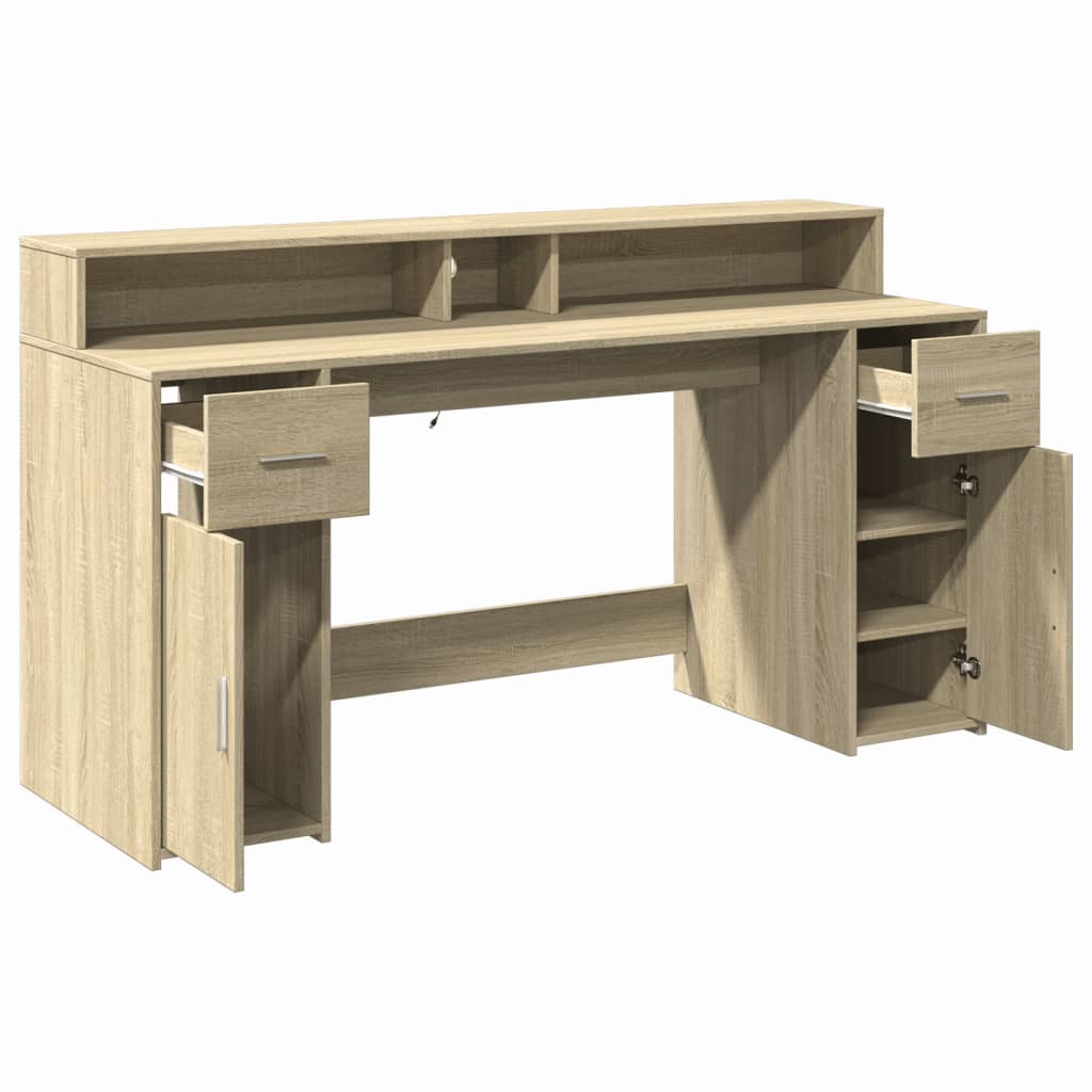 Sonoma Oak Desk 160x55x91 cm with LED Lights, Engineered Wood