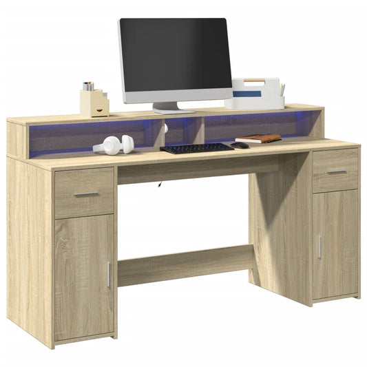 Sonoma Oak Desk 160x55x91 cm with LED Lights, Engineered Wood