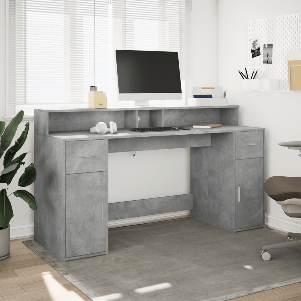 Concrete Grey Engineered Wood Desk with LED Lights, 160x55x91 cm