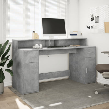 Concrete Grey Engineered Wood Desk with LED Lights, 160x55x91 cm