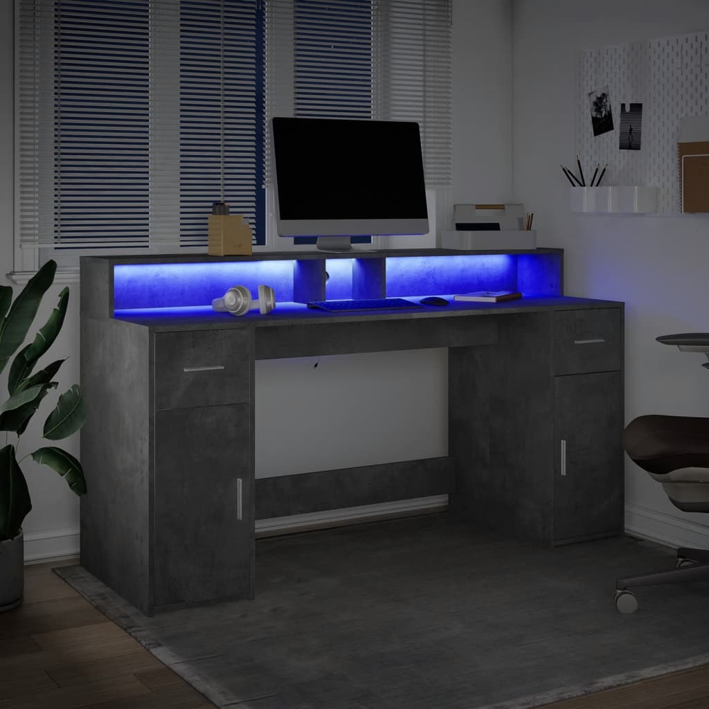 Concrete Grey Engineered Wood Desk with LED Lights, 160x55x91 cm