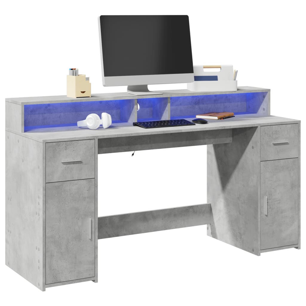 Concrete Grey Engineered Wood Desk with LED Lights, 160x55x91 cm