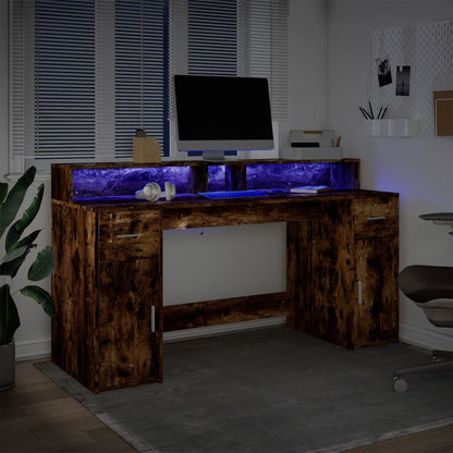 Smoked Oak LED Desk 160x55x91 cm - Engineered Wood Elegance