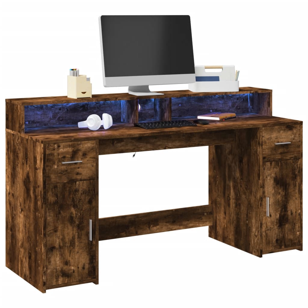 Smoked Oak LED Desk 160x55x91 cm - Engineered Wood Elegance