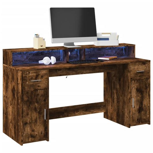 Smoked Oak LED Desk 160x55x91 cm - Engineered Wood Elegance