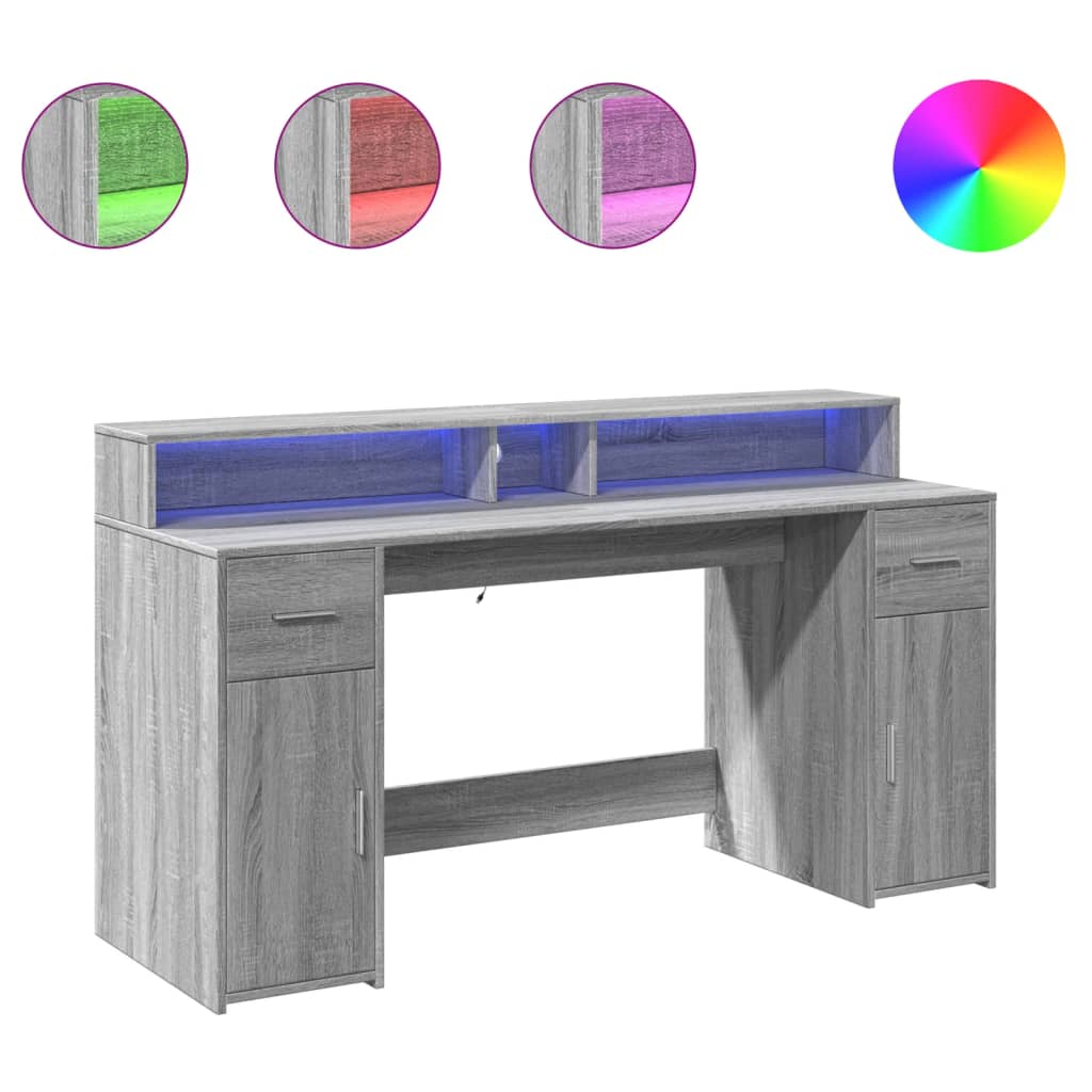Grey Sonoma Engineered Wood Desk with LED Lights - 160x55x91 cm