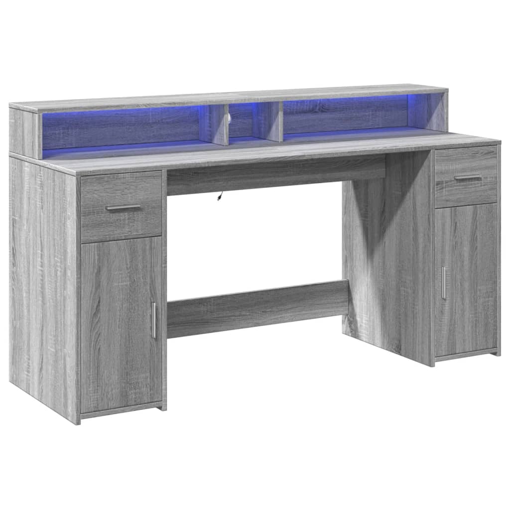 Grey Sonoma Engineered Wood Desk with LED Lights - 160x55x91 cm