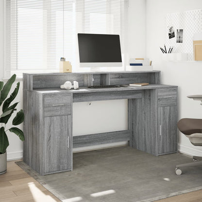 Grey Sonoma Engineered Wood Desk with LED Lights - 160x55x91 cm