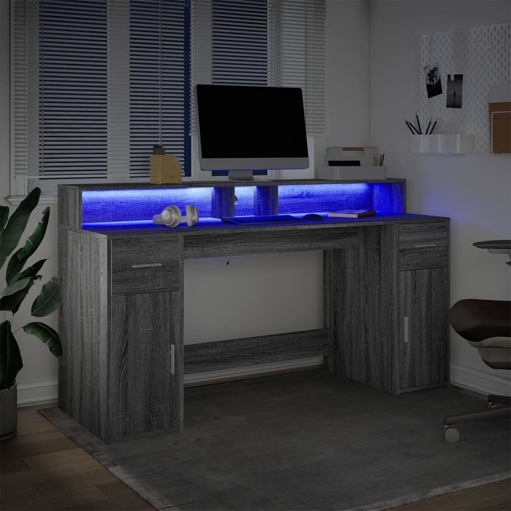 Grey Sonoma Engineered Wood Desk with LED Lights - 160x55x91 cm
