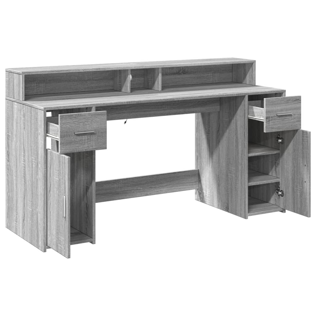 Grey Sonoma Engineered Wood Desk with LED Lights - 160x55x91 cm