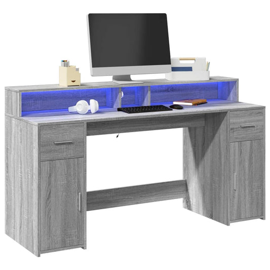 Grey Sonoma Engineered Wood Desk with LED Lights - 160x55x91 cm
