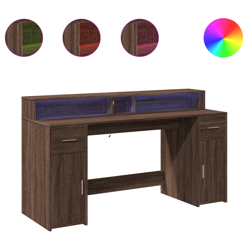 Brown Oak Desk with LED Lights, 160x55x91 cm - Engineered Wood