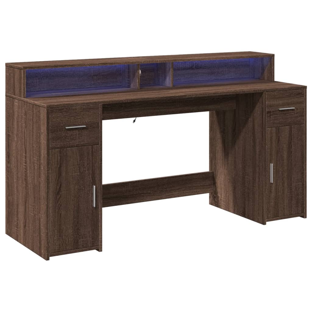 Brown Oak Desk with LED Lights, 160x55x91 cm - Engineered Wood