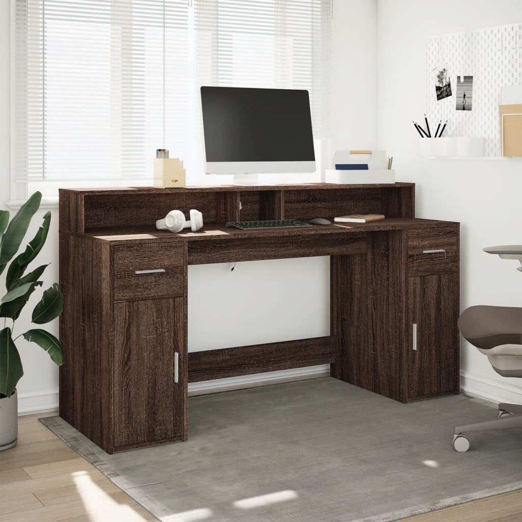 Brown Oak Desk with LED Lights, 160x55x91 cm - Engineered Wood