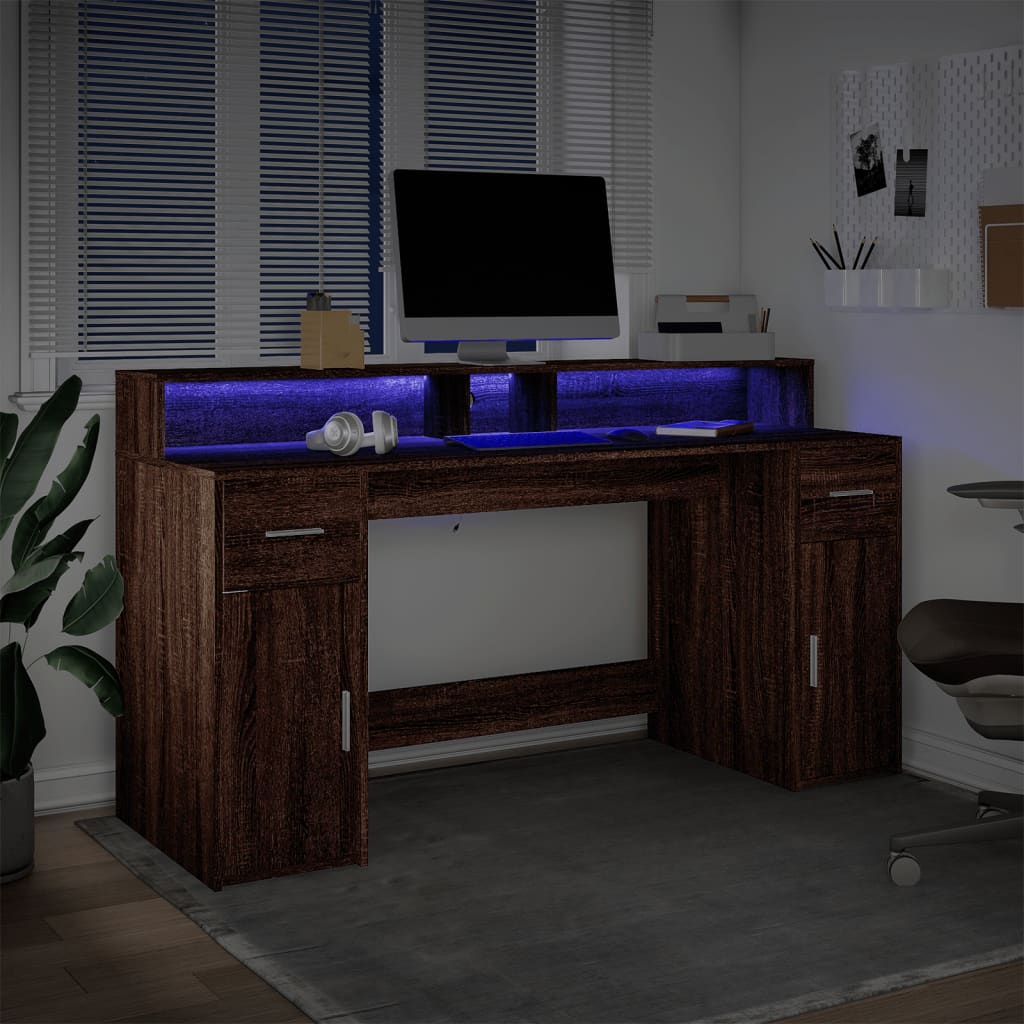 Brown Oak Desk with LED Lights, 160x55x91 cm - Engineered Wood
